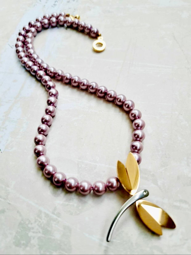 Colier perle de Mallorca lila & libelula inox