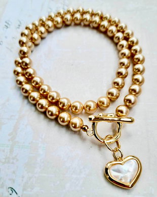 Colier CHOKER perle de Mallorca aurii & inima sidef natural