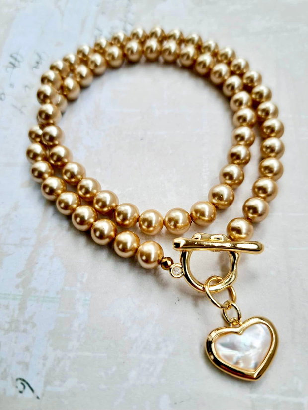 Colier CHOKER perle de Mallorca aurii & inima sidef natural