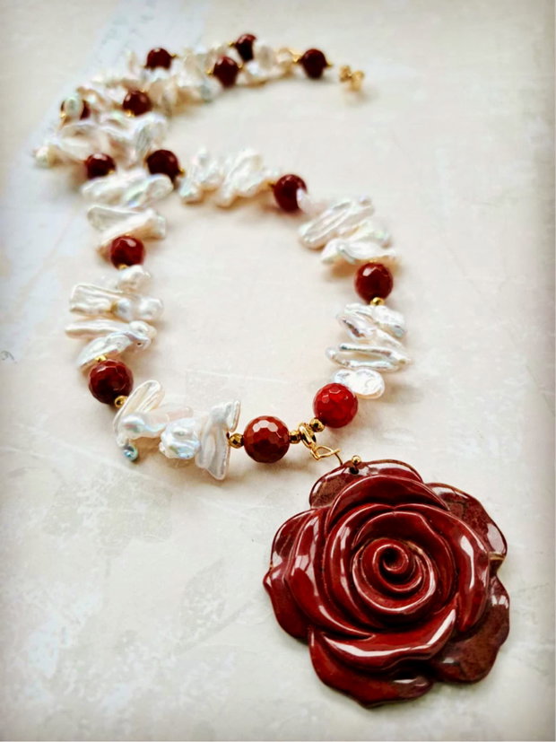 Colier perle Biwa albe & agate naturale