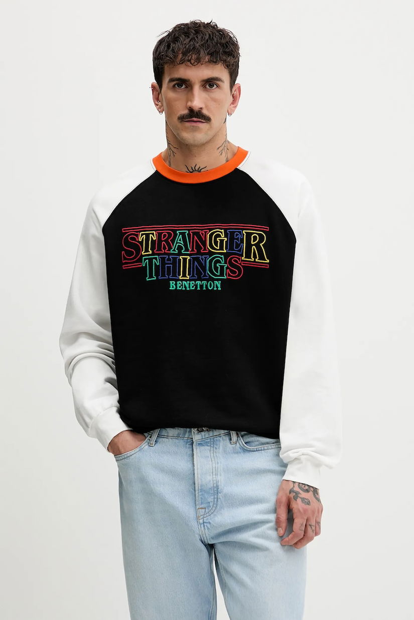 United Colors of Benetton hanorac de bumbac x Stranger Things culoarea negru, cu imprimeu, 38JZU10B9
