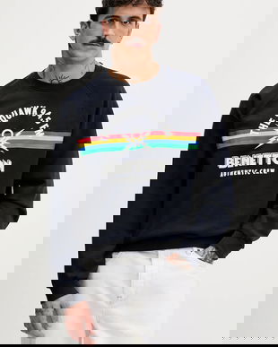 United Colors of Benetton hanorac de bumbac x Stranger Things culoarea albastru marin, cu imprimeu, 38JZU10B9