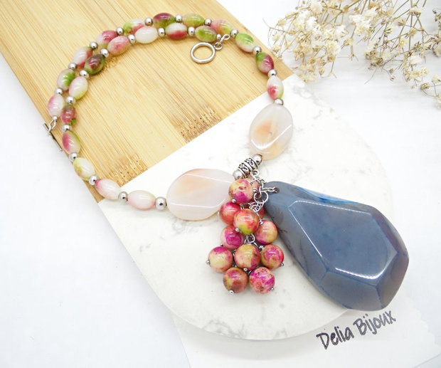 Colier statement unicat cu jad, agate și ceramică colorată (cod1332)