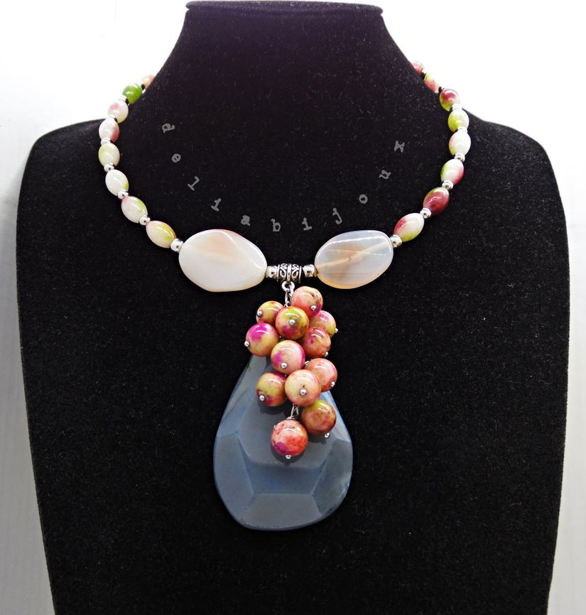Colier statement unicat cu jad, agate și ceramică colorată (cod1332)