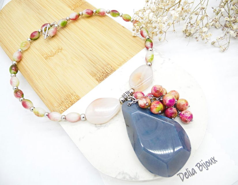 Colier statement unicat cu jad, agate și ceramică colorată (cod1332)