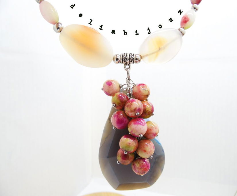 Colier statement unicat cu jad, agate și ceramică colorată (cod1332)