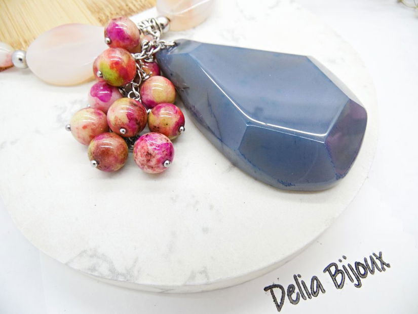 Colier statement unicat cu jad, agate și ceramică colorată (cod1332)