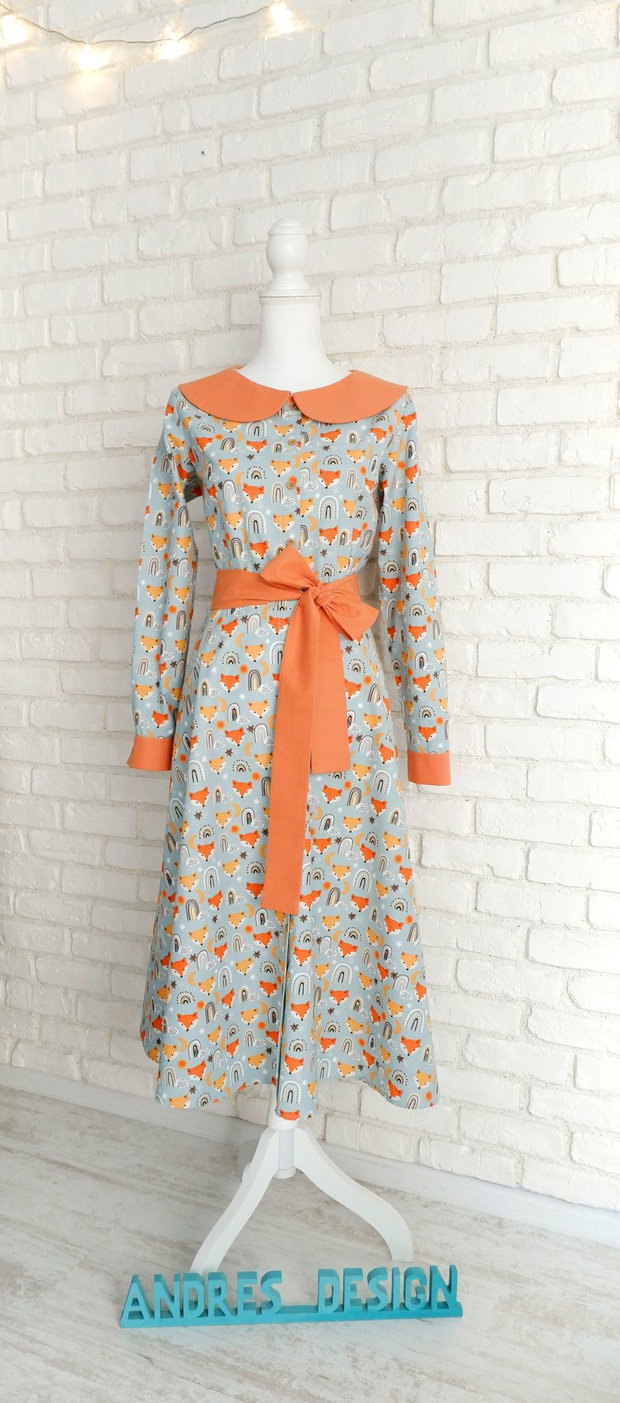 Rochie Camasa Bleu cu Vulpite si Guler Mare Rotund