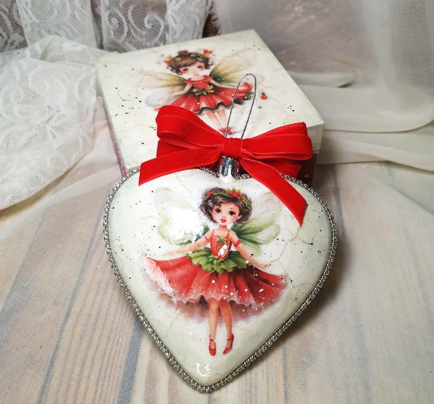 Set cadou Crăciun "Zâna Iernii" - Cutie lemn si ornament inimă cu strasuri