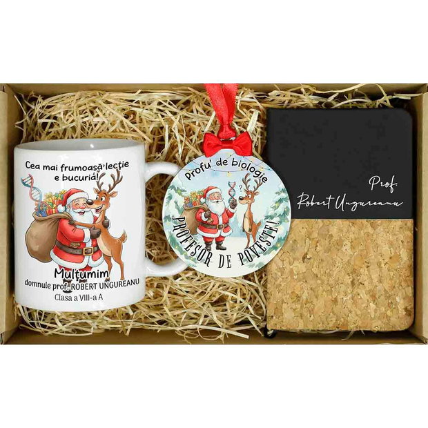 Set cadou Craciun personalizat - profesor biologie - cana, glob lemn - carnetel