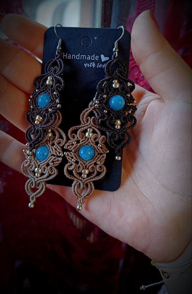 Cercei frunze micromacrame cu acvamarin