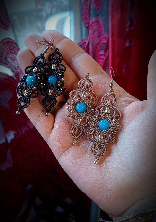 Cercei frunze micromacrame cu acvamarin