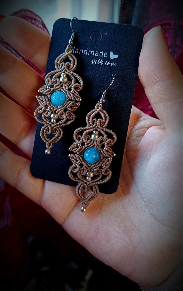 Cercei frunze micromacrame cu acvamarin
