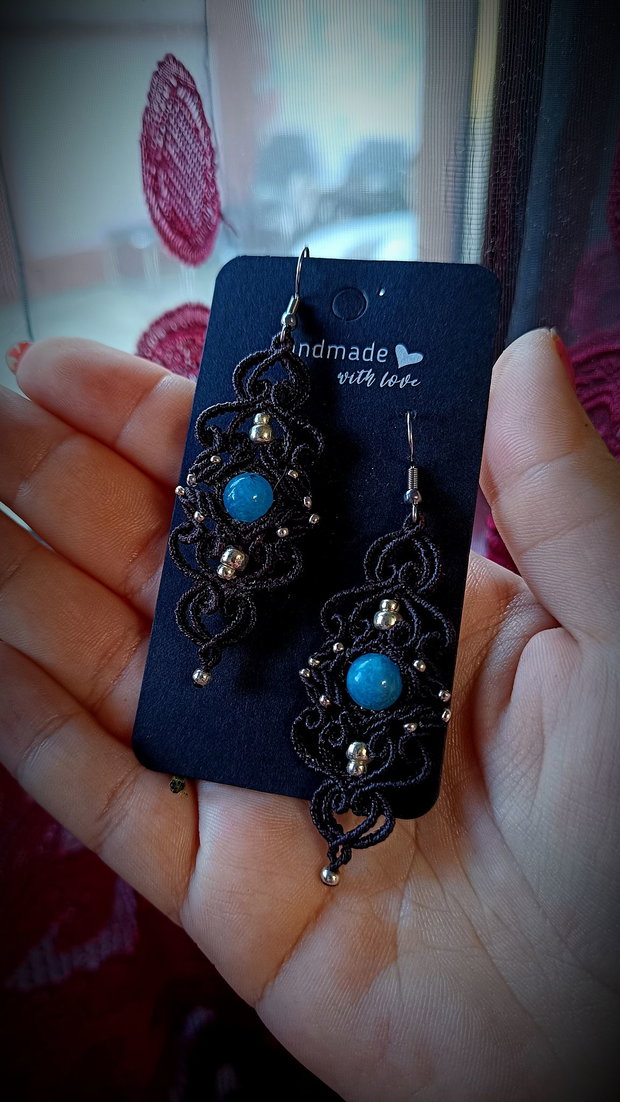 Cercei frunze micromacrame cu acvamarin