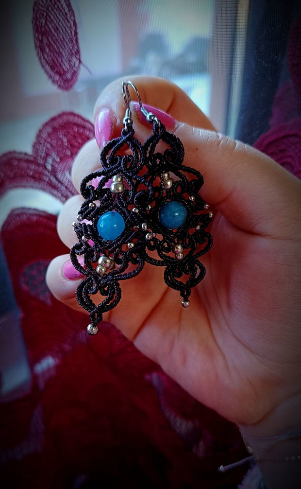 Cercei frunze micromacrame cu acvamarin