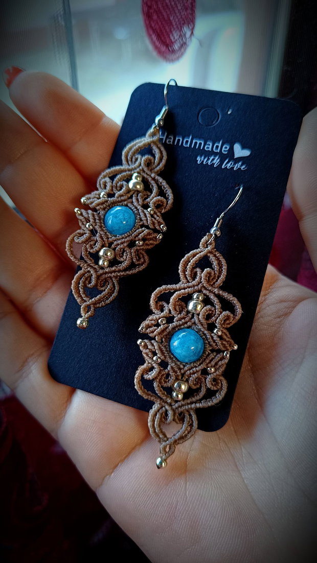 Cercei frunze micromacrame cu acvamarin