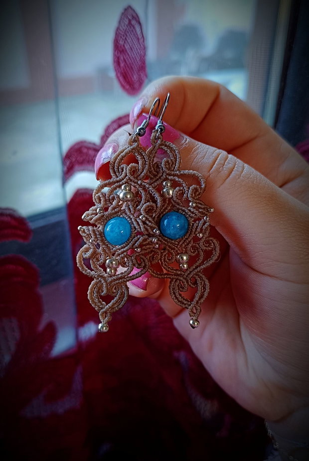 Cercei frunze micromacrame cu acvamarin