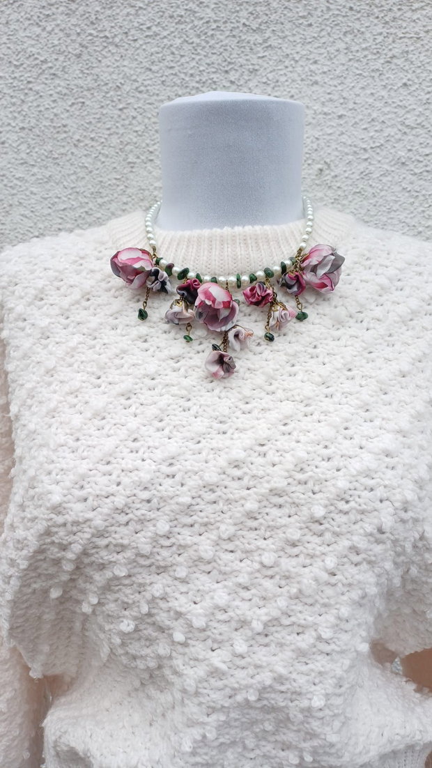 Colier floral cu Zoizit - "Rapsodie in roz"