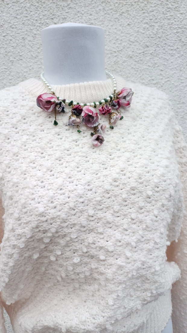 Colier floral cu Zoizit - "Rapsodie in roz"