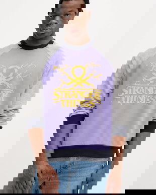 United Colors of Benetton hanorac de bumbac x Stranger Things culoarea violet, cu imprimeu, 38JZU10B9