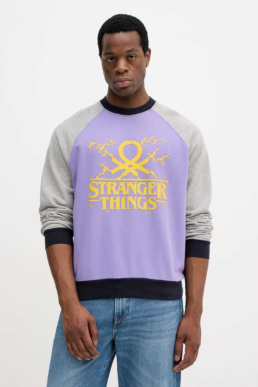United Colors of Benetton hanorac de bumbac x Stranger Things culoarea violet, cu imprimeu, 38JZU10B9