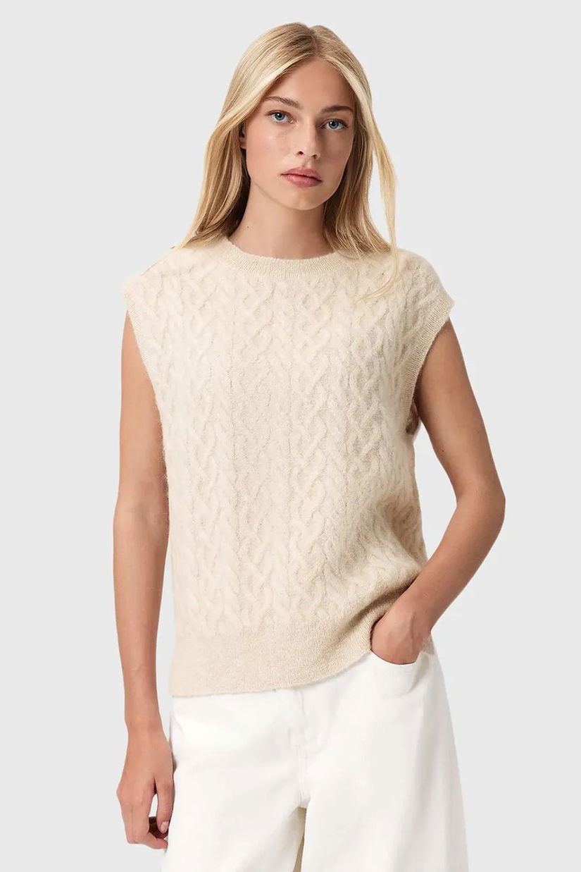 AllSaints vestă din amestec de lână culoarea bej, cu guler, W060KD