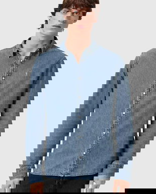 AllSaints cămașă jeans GLEASON LS SHIRT culoarea gri, cu guler clasic, regular, M165SB