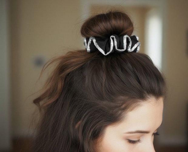 Scrunchie Negru Luxos din Jacquard cu Imprimeu Animal și Bordură Argintie și Aurie