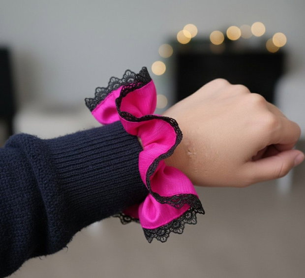 Elastic de Păr din Twill Fuchsia cu Dantelă