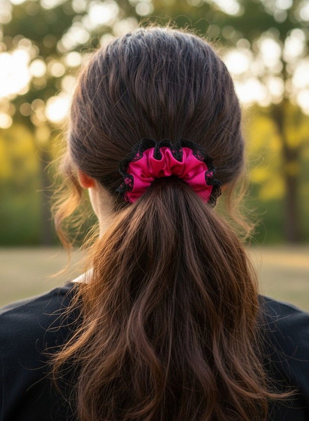 Elastic de Păr din Twill Fuchsia cu Dantelă