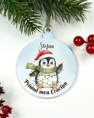 GLob lemn personalizat Primul meu Crăciun - Pinguin