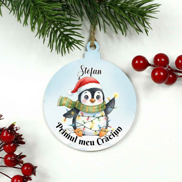 GLob lemn personalizat Primul meu Crăciun - Pinguin