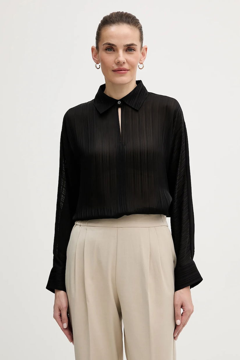 Sisley cămașă culoarea negru, cu guler clasic, relaxed, 5FGXLQ0A6