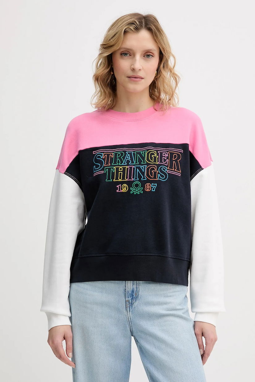 United Colors of Benetton hanorac de bumbac pentru copii x Stranger Things culoarea bleumarin, cu imprimeu, 33NVD10BB