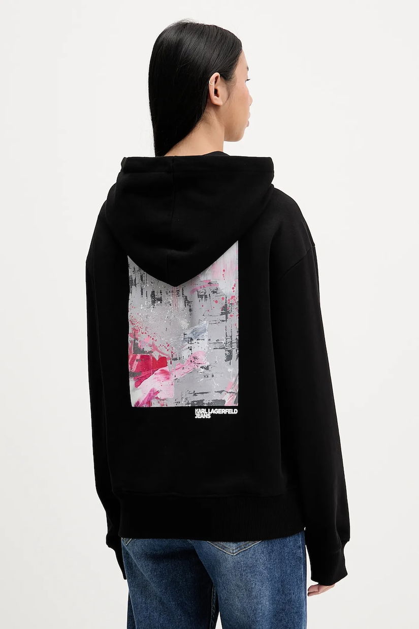 Karl Lagerfeld Jeans hanorac de bumbac culoarea negru, cu glugă, cu imprimeu, B1W20046
