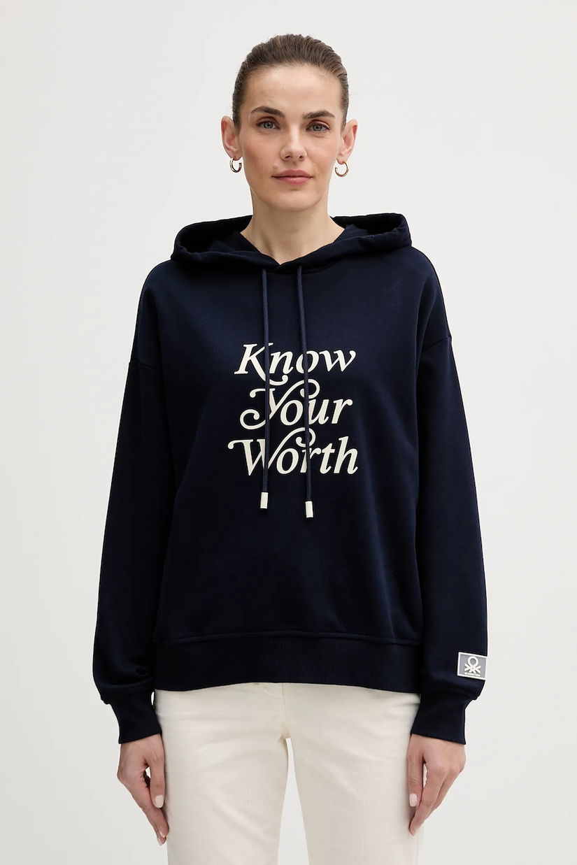 United Colors of Benetton bluză culoarea bleumarin, cu glugă, cu imprimeu, 3WNWD201C