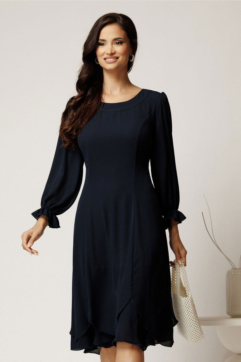 Rochie midi bleumarin din voal cu croi in clini si volane la baza