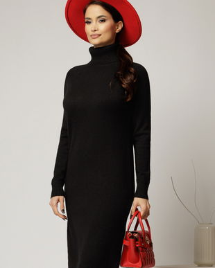 Rochie midi neagra din tricot cu guler intors