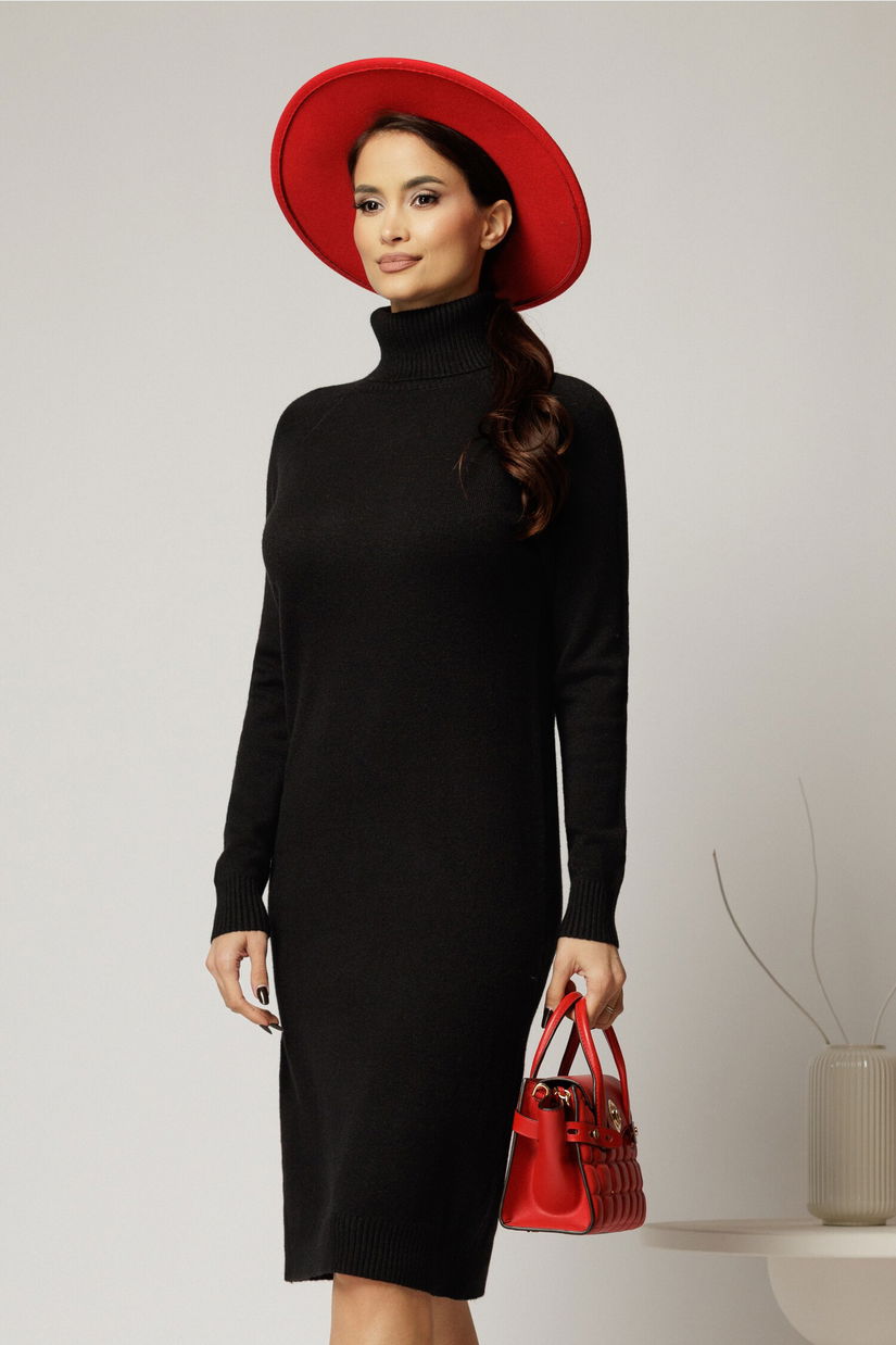 Rochie midi neagra din tricot cu guler intors