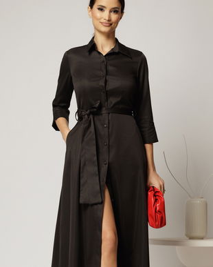 Rochie midi neagra tip camasa din bumbac cu cordon in talie