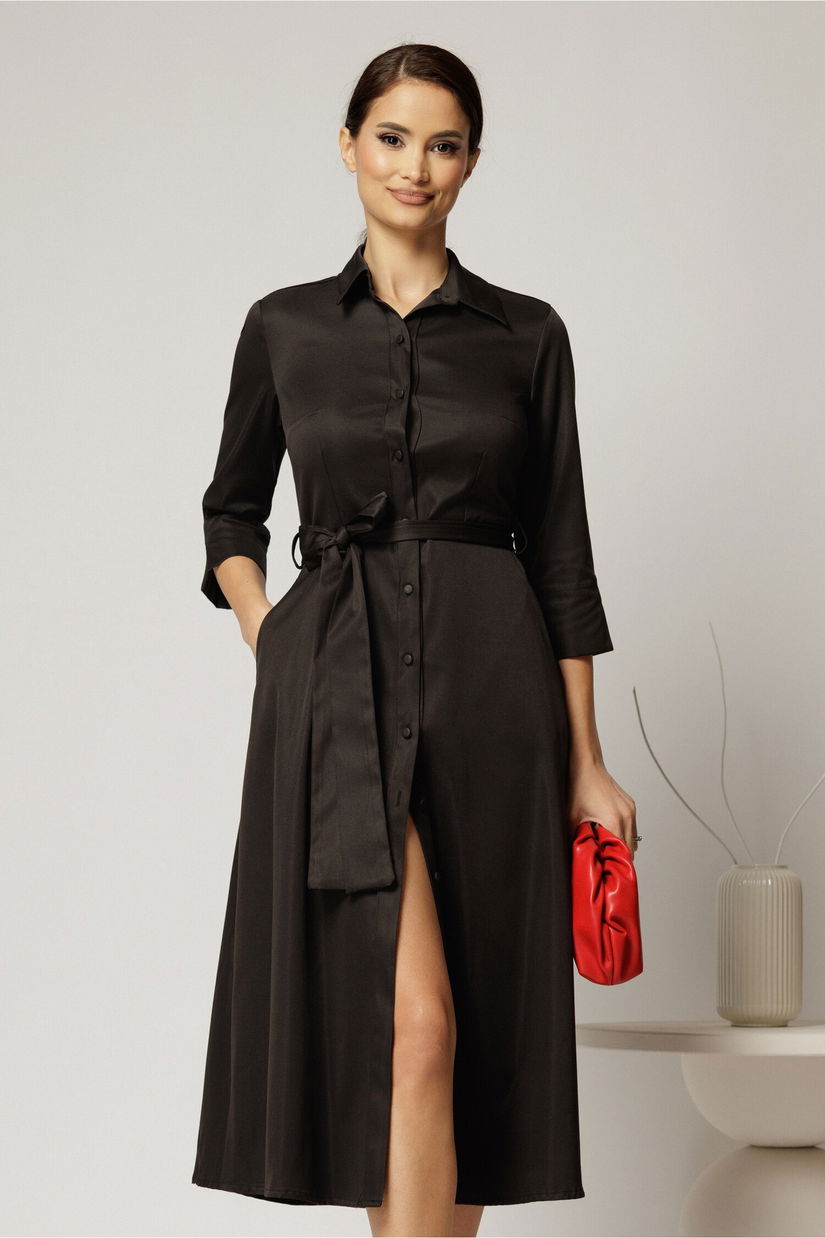 Rochie midi neagra tip camasa din bumbac cu cordon in talie