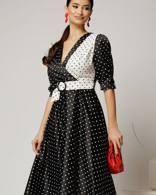 Rochie midi din tafta cu buline alb negru