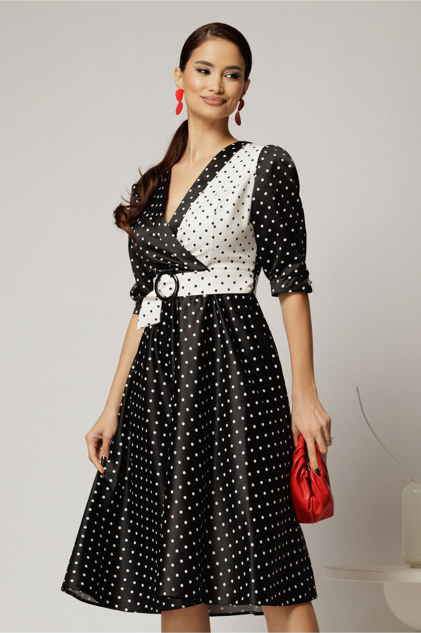 Rochie midi din tafta cu buline alb negru
