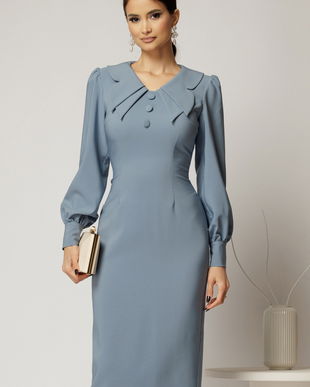 Rochie conica bleu cu nasturi pe bust si guler dublu