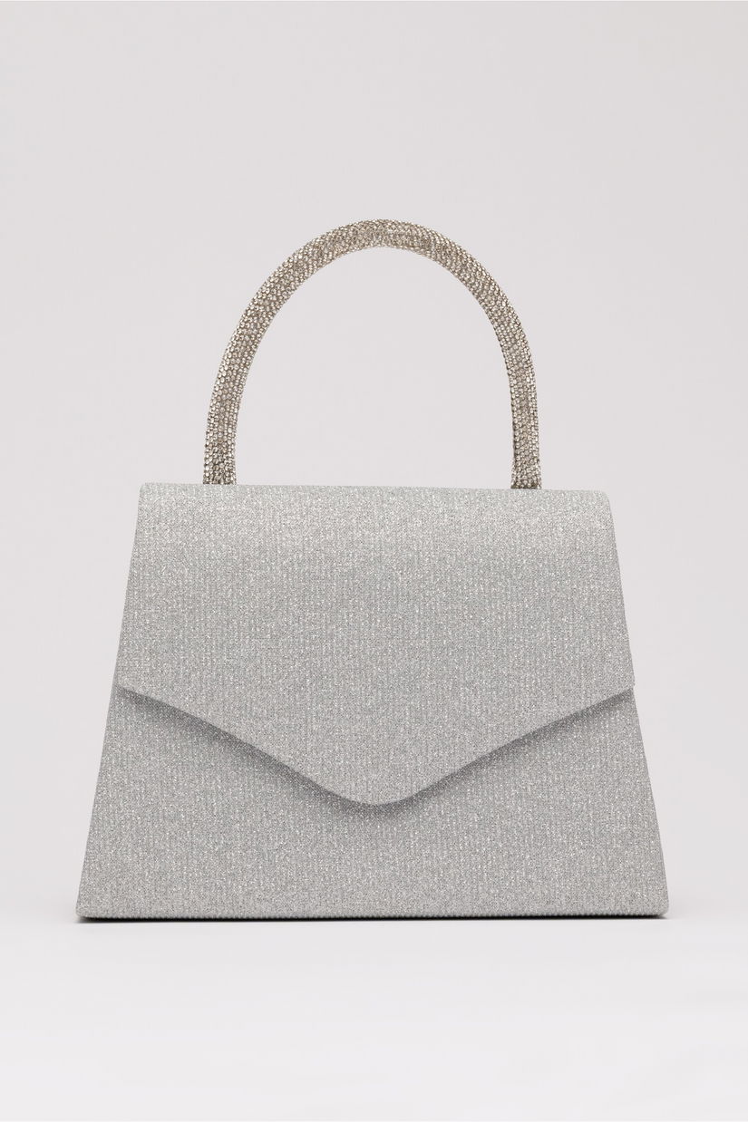 Gentuta argintie din glitter si maner rotund cu strasuri