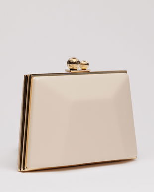 Clutch elegant nude cu rama metalica aurie