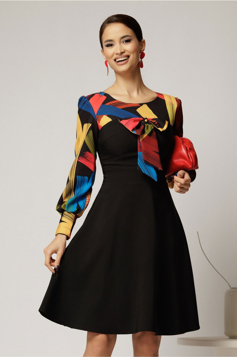 Rochie Andrada din stofa neagra cu funda si imprimeu colorat