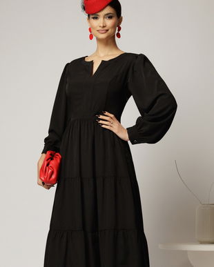 Rochie midi neagra cu volan la fusta si decolteu discret in V