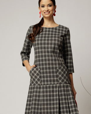 Rochie office din lana in carouri gri si pliuri la fusta