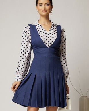 Sarafan DY Fashion albastru din stofa cu pliuri si decolteu adanc